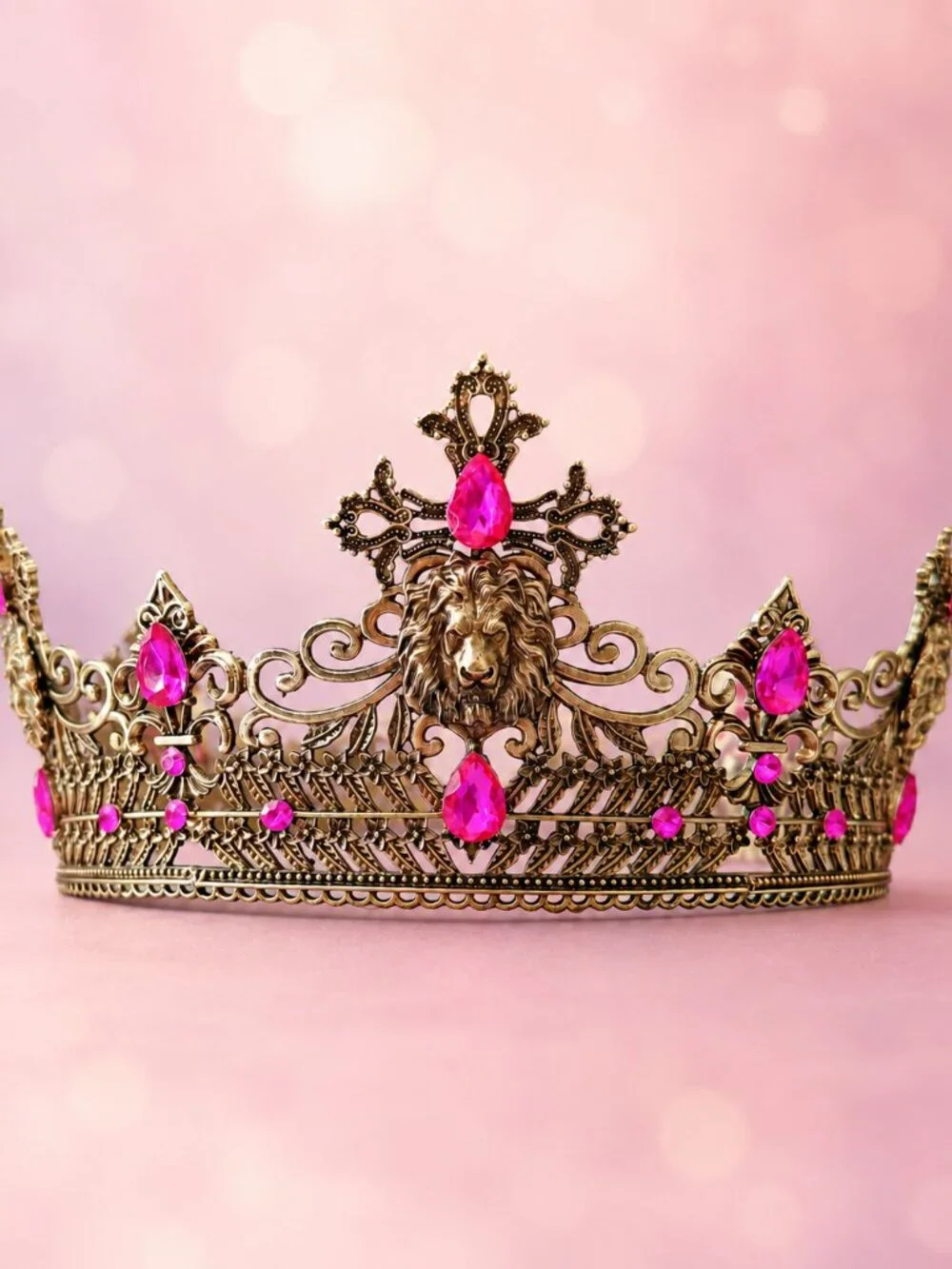 Vintage Style Gold Lion Crown with Hot Pink Crystals, Royal King Queen Headpiece